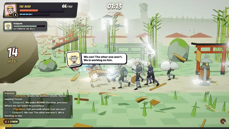 The hero fights grunts on a bamboo forest path while a boulder rolls in from behind.