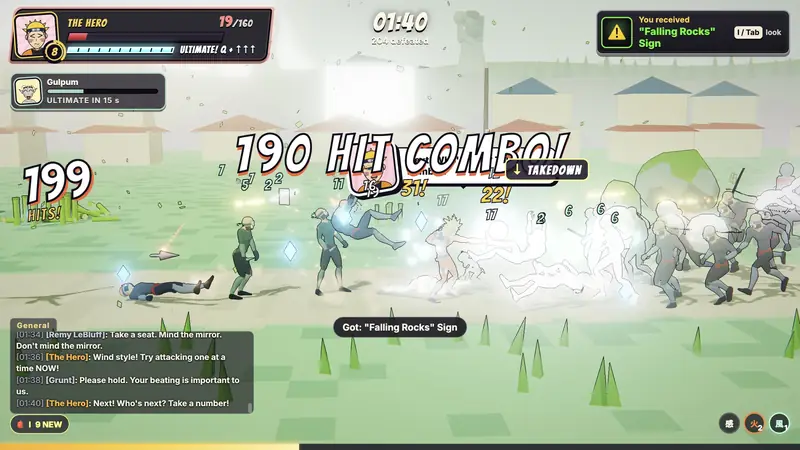 The hero in a crowd of masked grunts, with 190 HIT COMBO across the screen.
