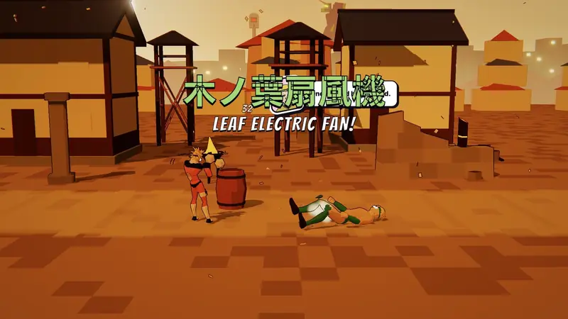 A boss fight in a burning village at dusk; the hero casts LEAF ELECTRIC FAN.