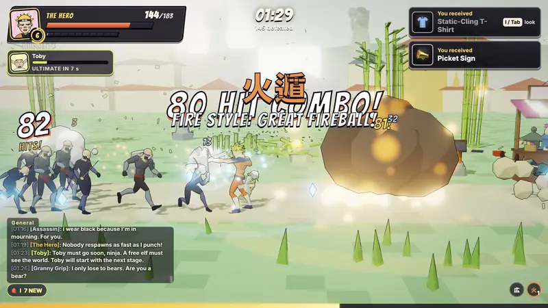 The hero casts FIRE STYLE: GREAT FIREBALL into a line of grunts.