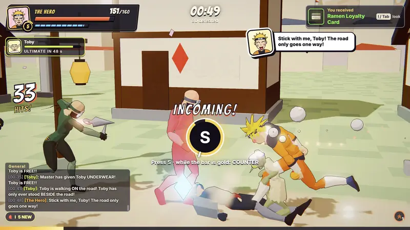 Time slows as a grunt lunges; an INCOMING! prompt asks for the S key.