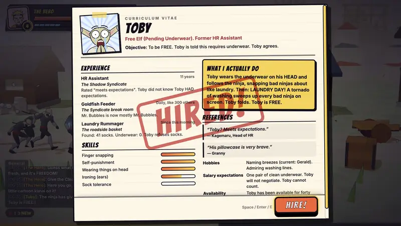A curriculum vitae for Toby, a free elf and former HR assistant, stamped HIRED.