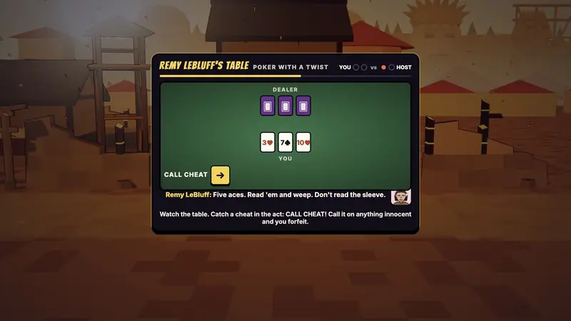 Remy LeBluff's poker table with a CALL CHEAT button.