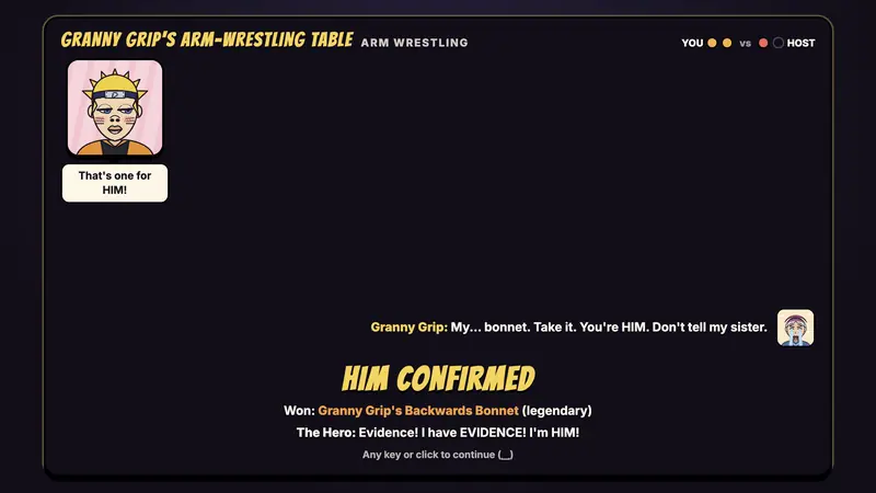 Granny Grip's arm-wrestling result screen reading HIM CONFIRMED.