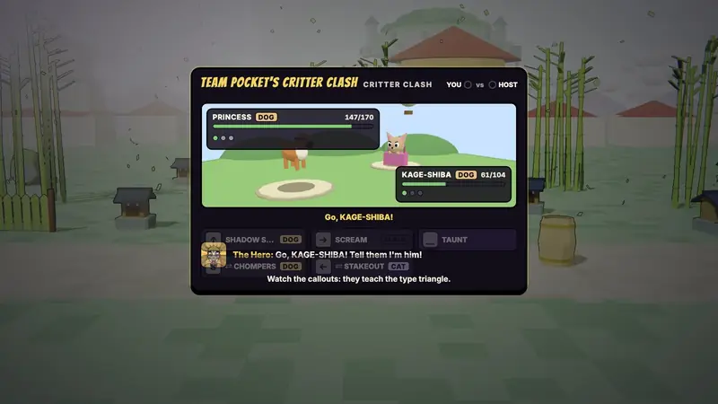 Critter Clash, a turn-based pet battle between a dog and a cat.
