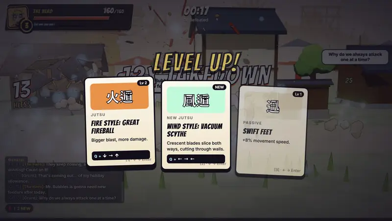 A LEVEL UP! screen offering three jutsu cards.