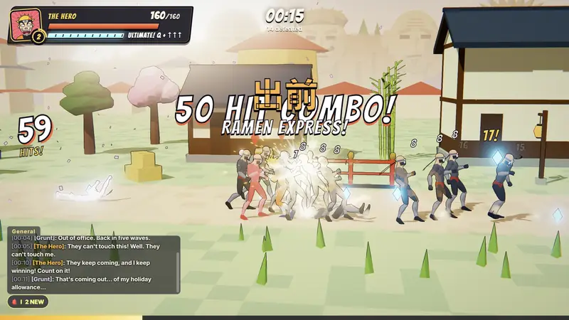 A village fight with 50 HIT COMBO and the RAMEN EXPRESS item combo.